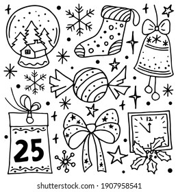 Set of Christmas celebration items. Drawn in outline in doodle style. Vector illustration.