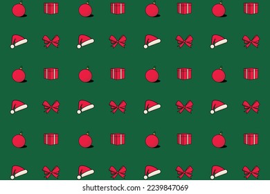 Set of Christmas Celebration Objects seamless pattern background. Collection of Santa Claus Hat, Light Bulbs, Gift Box and Gift Ribbon vector design. Christmas background pattern.	