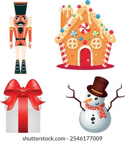 Set of Christmas celebration snow man, nutcracker, gingerbread house, gift box vector illustration pack