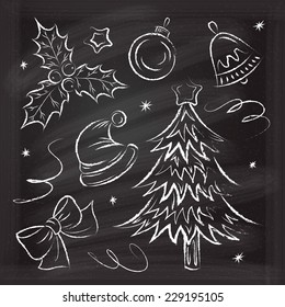 Set of Christmas chalk hand-drawn icons, elements and illustrations