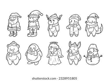 Set of christmas character hand drawn outline sketch illustration