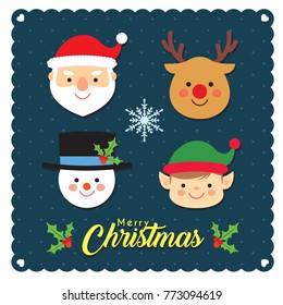 Set of Christmas character head : santa claus, reindeer, snowman and christmas elf in flat design style. Christmas cartoon collection. Vector illustration.