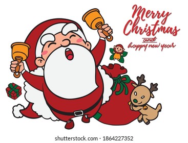 Set of Christmas character illustrations isolated on white. Happy Santa Claus cartoon with gift and Reindeer, bag with presents,Flat Santa for Christmas cards or banners,For tags and labels.