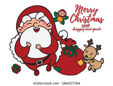 Set of Christmas character illustrations isolated on white. Happy Santa Claus cartoon with gift and Reindeer, bag with presents,Flat Santa for Christmas cards or banners,For tags and labels.