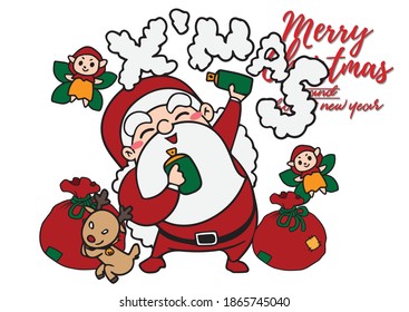 Conjunto de ilustraciones de caracteres de Navidad aisladas en blanco. Feliz caricatura de Santa Claus con regalo y reno, bolso con regalos, hadas planas para tarjetas o pancartas de Navidad, para etiquetas y etiquetas, Santa Bag.