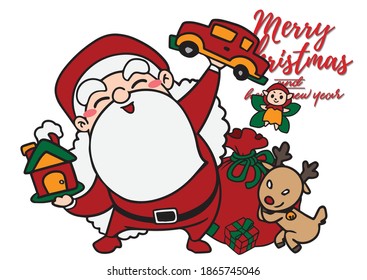 Set of Christmas character illustrations isolated on white. Happy Santa Claus cartoon with gift and Reindeer, bag with presents,Flat Fairy for Christmas cards or banners,For tags and labels,Santa Bag.