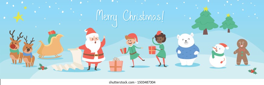 Set of christmas characters animals in a snowy scene, in a cute style flat vector style with sleigh polar bear reindeers santa snowman text merry concept for kids invite childrens