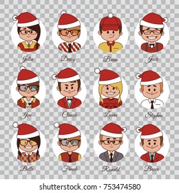 Set of Christmas characters. Set of avatars your office team in Christmas hats. Characters in Christmas caps. Vector Christmas icons on transparent background