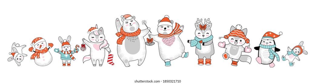 Set of Christmas characters bear, rabbit, unicorn, deer, penguin, snowman isolated on white. Vector colorful horizontal illustration. For decor,design,congratulation cards, print, sticker and label