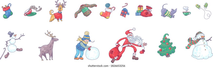 Set of Christmas characters: children, Santa Claus, deer, dogs, candy, a Cup of tea. For printing Souvenirs, fabrics or packaging.