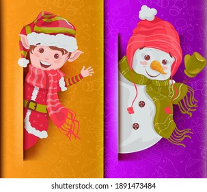 Set of christmas characters. Collection christmas themed icons. Elf and snowman. Merry Christmas and New Year. Vector illustration