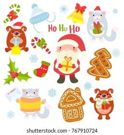 Set of Christmas characters. Cute animals - cat, dog and Santa Claus. Xmas sticker for scrapbooking. Bell, gingerbread, gift, candy, hat, holly berry leaves, sock, cookie. EPS8