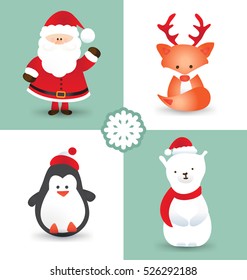 Set of Christmas characters  with cute cartoon icons like Santa Claus, fox with reindeer antler, penguin, polar bear