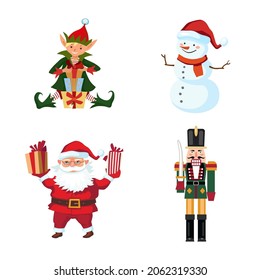 Set of Christmas Characters. Cute elf, Santa, Nutcracker, Snowman - characters for Christmas greeting cards and invitations. Clipart for Christmas pictures. Vector flat illustration, cartoon style.

