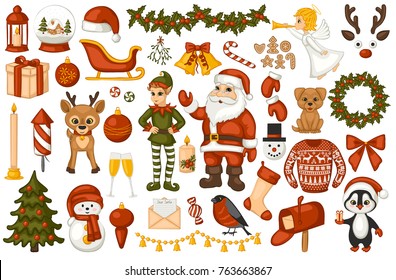 Set of Christmas characters and decorations on a white background. Santa Claus, elf, reindeer, bells, tree, balls, candles and other symbols of Christmas. Vector illustration.
