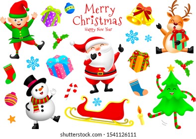 Set of Christmas Characters design, Santa Claus, Snowman, Reindeer, Elf and Christmas tree. Merry Christmas and Happy new year concept. Illustration isolated on white background.