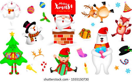 Set of Christmas Characters design, Santa Claus, Snowman, Reindeer, Elf, Christmas tree, white bear, fox and rabbit. Merry Christmas and Happy new year concept. Vector Illustration.