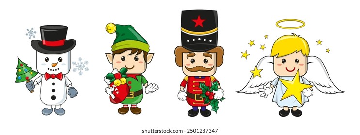 Set of christmas characters design. Vector cartoon of snowman, elf,  and angel isolated in white background.
