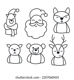 Set Christmas Characters Doodle Style. Bear, Santa Claus, Fox, Cat, Deer Contour Image Clipart. Simple Stroke Vector Illustration