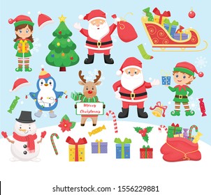 Set of christmas characters and elements in cartoon style.Vector illustration.