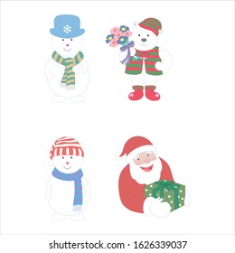 Set of christmas characters and elements in cartoon style. Cute Santa Claus vector set. 