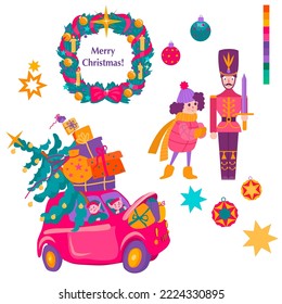 Set with christmas characters and elements, elves and Christmas tree, presents, girl and nutcracker, wreath. Mascot design, vector illustration. make your own design.