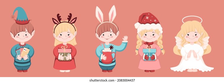 Set of Christmas Characters. Elf with letters, Little girls with gifts in their hands, a happy boy with cocoa and marshmallows, a cute little angel.