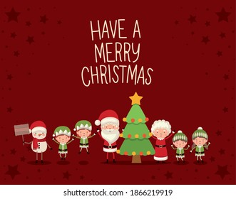 set of christmas characters and have a merry christmas lettering on red background vector illustration design