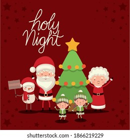 set of christmas characters and holy night lettering on red background vector illustration design