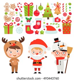 Set of Christmas characters and icons. Kids in festive costumes. Deer, Santa and snowman.