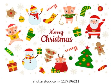 Set of Christmas characters and icons. Santa Claus, Snowman and Pig. Symbol of the year 2019 in the Chinese calendar.
