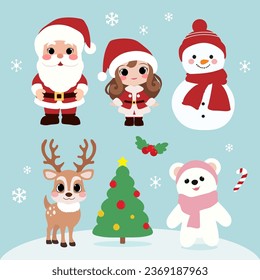 A set of Christmas characters, including Santa Claus, a snowman, a reindeer, a Christmas tree, and a polar bear.