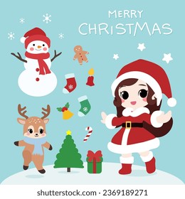Un conjunto de personajes de Navidad, incluyendo una chica de Santa, un muñeco de nieve, un reno, un árbol de Navidad y una caja de regalo.
