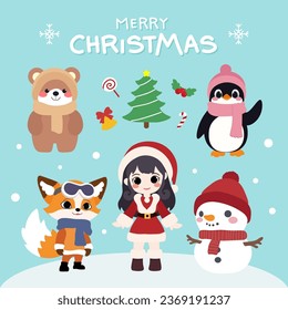 Un conjunto de personajes de Navidad, incluyendo una niña de Santa, un muñeco de nieve, un zorro, un oso, un pingüino y un árbol de Navidad. 