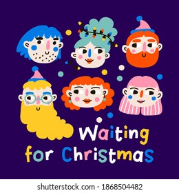 Set of Christmas characters isolated on dark background.Vector clipart design