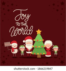 set of christmas characters and joy the world lettering on red background vector illustration design