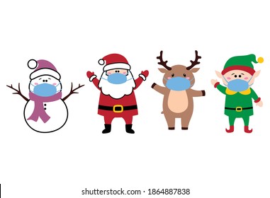 Set of Christmas characters with a mask. Collection of cartoon characters Santa Claus, little elf and deer in medical protective masks. Colorful illustration on a white background.