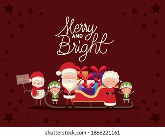 set of christmas characters and merry and bright lettering on red background vector illustration design