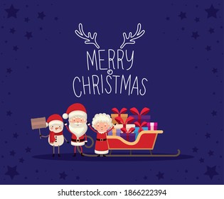 set of christmas characters and merry christmas lettering on blue background vector illustration design