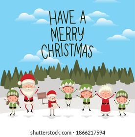 set of christmas characters on one forest background vector illustration design