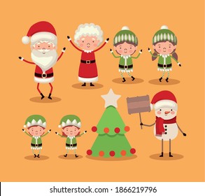 set of christmas characters on orange background vector illustration design