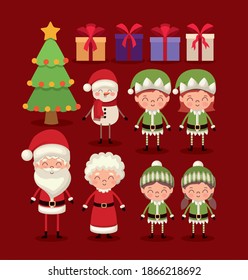 set of christmas characters on red background vector illustration design