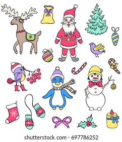 Set of christmas characters on white backgrounds. Vector illustration.