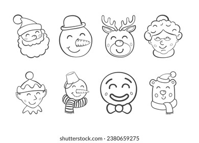 Set of christmas characters. Christmas outline illustration, icon, coloring page or line art