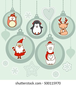 Set of Christmas characters patch badges, stickers, pins with cute flat vector cartoon icons like Santa Claus, polar bear, fox with reindeer antler, penguin, owl  in Christmas globes