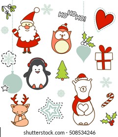 Set of Christmas characters patch badges, stickers, pins with cute flat vector cartoon icons like Santa Claus, polar bear, fox with reindeer antler, penguin, owl and other Christmas symbols