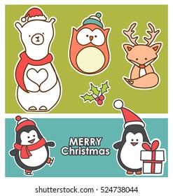 Set of Christmas characters patch badges, stickers, pins with cute flat vector cartoon icons like polar bear, fox with reindeer antler, owl, penguin