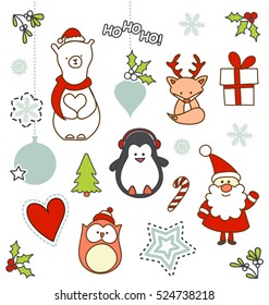 Set of Christmas characters patch badges, stickers, pins with cute flat vector cartoon icons like Santa Claus, polar bear, fox with reindeer antler, penguin, owl and other Christmas symbols