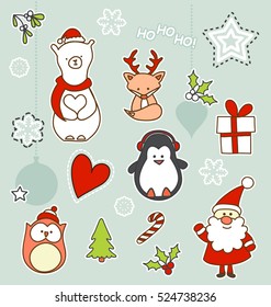 Set of Christmas characters patch badges, stickers, pins with cute flat vector cartoon icons like Santa Claus, polar bear, fox with reindeer antler, penguin, owl and other Christmas symbols