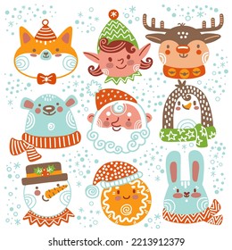 Set of Christmas characters portraits cute animals deer, bear, fox, rabbit, Santa Claus, Elf and snowman. Vector illustration. Winter background. For print, design, fabric, porcelain, bed linen,decor